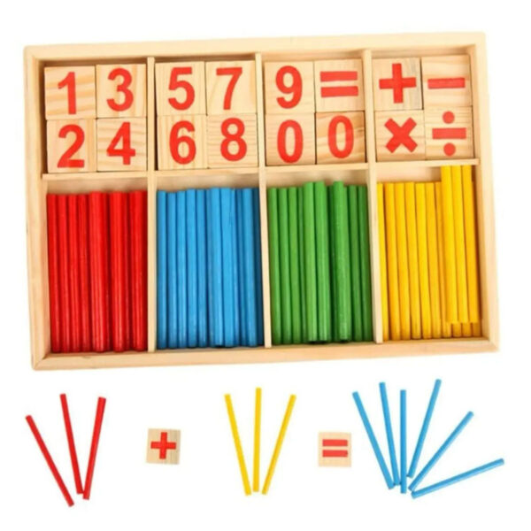 أعواد حساب تعليمية خشبية للأطفال مع أرقام وعمليات رياضية لتعليم العد والجمع والطرح بطريقة تفاعلية.