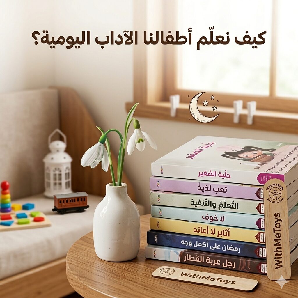 "صورة رئيسية لمقال تربوي بعنوان 'كيف نعلّم أطفالنا الآداب اليومية؟' باللغة العربية. تظهر في الصورة مجموعة من الكتب والقصص التربوية من متجر WithMeToys مثل: حلية الصغير، تعب لذيذ، والكعكة التي لا تنتهي، موضوعة بجانب مزهرية بيضاء رقيقة في ركن قراءة هادئ ومشمس."